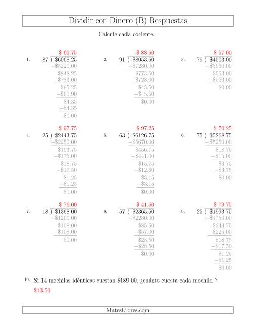 La hoja de ejercicios de Dividir Cantidades de Dólares en Incrementos de 25 Centavos por Divisores de Dos Dígitos (B) Página 2