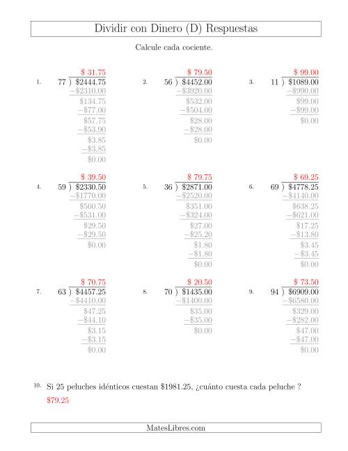 La hoja de ejercicios de Dividir Cantidades de Dólares en Incrementos de 25 Centavos por Divisores de Dos Dígitos (D) Página 2
