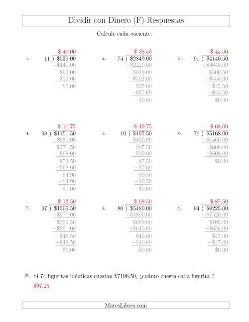La hoja de ejercicios de Dividir Cantidades de Dólares en Incrementos de 25 Centavos por Divisores de Dos Dígitos (F) Página 2