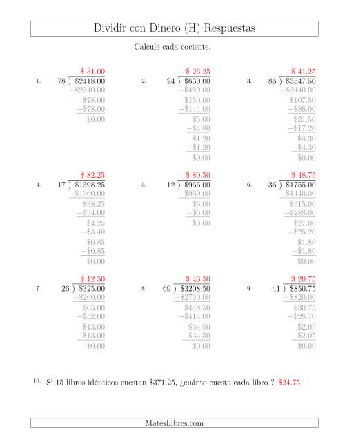 La hoja de ejercicios de Dividir Cantidades de Dólares en Incrementos de 25 Centavos por Divisores de Dos Dígitos (H) Página 2