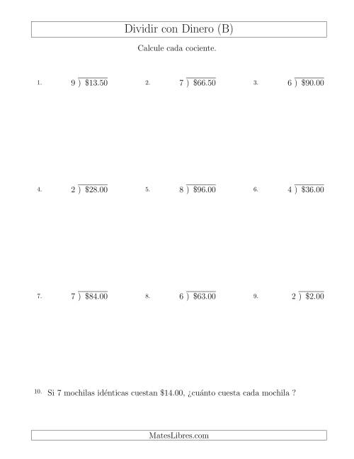 La hoja de ejercicios de Dividir Cantidades de Dólares en Incrementos de 50 Centavos por Divisores de Un Dígito (B)