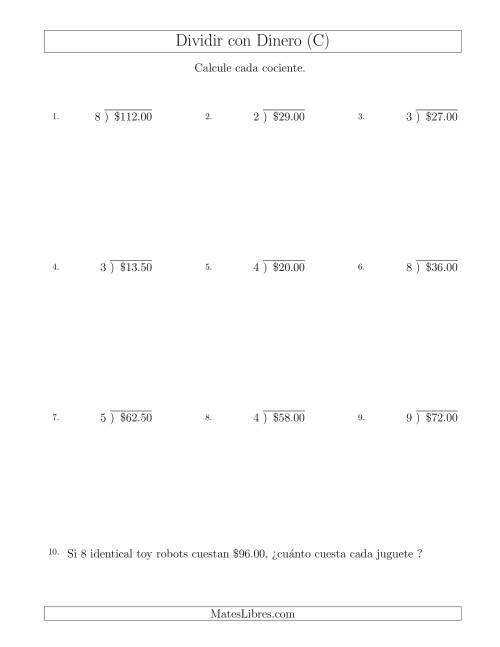 La hoja de ejercicios de Dividir Cantidades de Dólares en Incrementos de 50 Centavos por Divisores de Un Dígito (C)