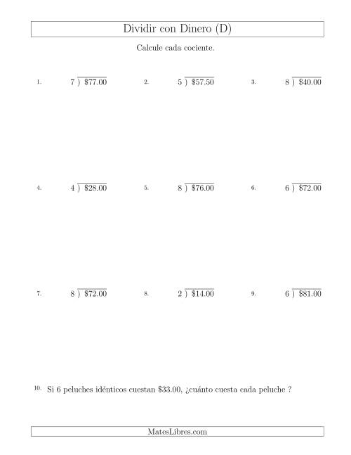La hoja de ejercicios de Dividir Cantidades de Dólares en Incrementos de 50 Centavos por Divisores de Un Dígito (D)