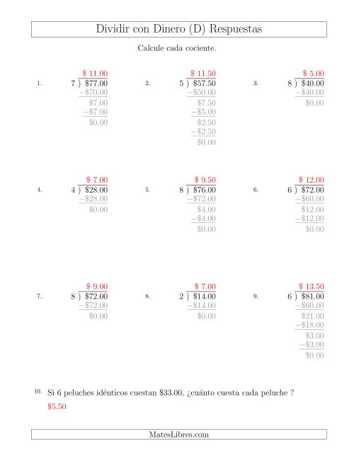 La hoja de ejercicios de Dividir Cantidades de Dólares en Incrementos de 50 Centavos por Divisores de Un Dígito (D) Página 2