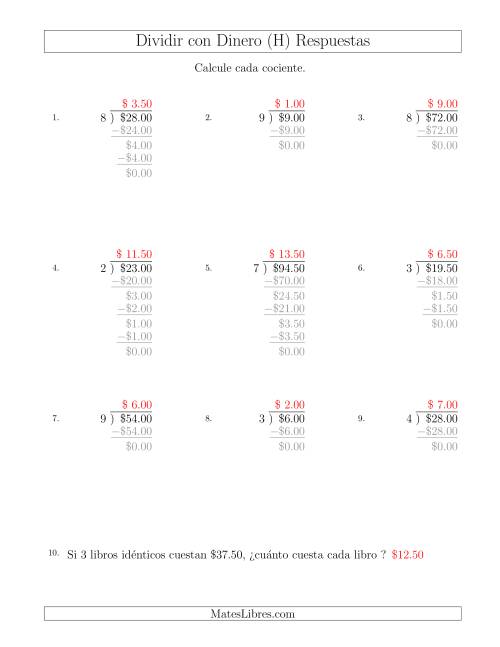 La hoja de ejercicios de Dividir Cantidades de Dólares en Incrementos de 50 Centavos por Divisores de Un Dígito (H) Página 2