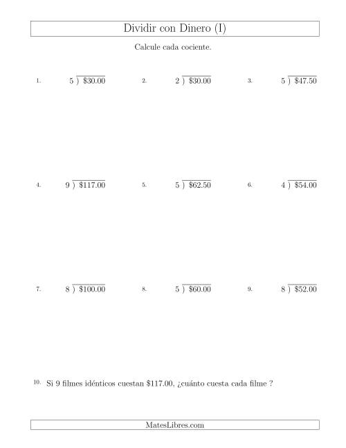 La hoja de ejercicios de Dividir Cantidades de Dólares en Incrementos de 50 Centavos por Divisores de Un Dígito (I)
