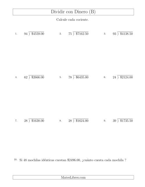 La hoja de ejercicios de Dividir Cantidades de Dólares en Incrementos de 50 Centavos por Divisores de Dos Dígitos (B)