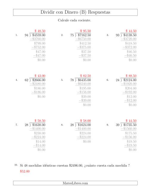 La hoja de ejercicios de Dividir Cantidades de Dólares en Incrementos de 50 Centavos por Divisores de Dos Dígitos (B) Página 2