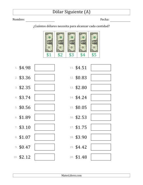 La hoja de ejercicios de Estrategias del Dólar Siguiente con Cantidades hasta $5 (Estados Unidos) (A)