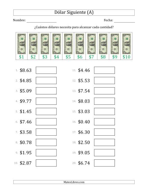 La hoja de ejercicios de Estrategias del Dólar Siguiente con Cantidades hasta $10 (Estados Unidos) (A)