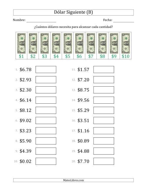 La hoja de ejercicios de Estrategias del Dólar Siguiente con Cantidades hasta $10 (Estados Unidos) (B)