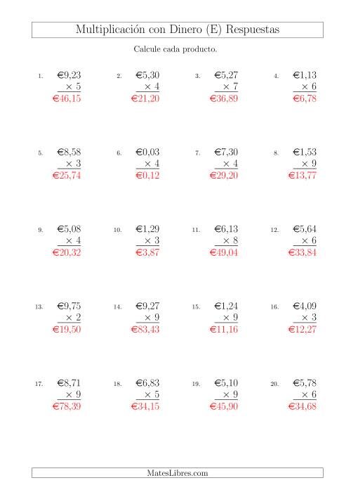 La hoja de ejercicios de Multiplicar Diferentes Cantidades de Euros en Incrementos de 1 Céntimo por Multiplicadores de Un Dígito (E) Página 2