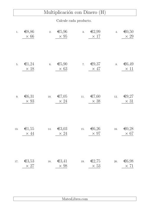 La hoja de ejercicios de Multiplicar Diferentes Cantidades de Euros en Incrementos de 1 Céntimo por Multiplicadores de Dos Dígitos (H)