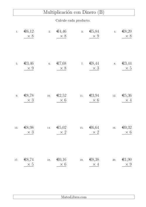 La hoja de ejercicios de Multiplicar Diferentes Cantidades de Euros en Incrementos de 2 Céntimos por Multiplicadores de Un Dígito (B)