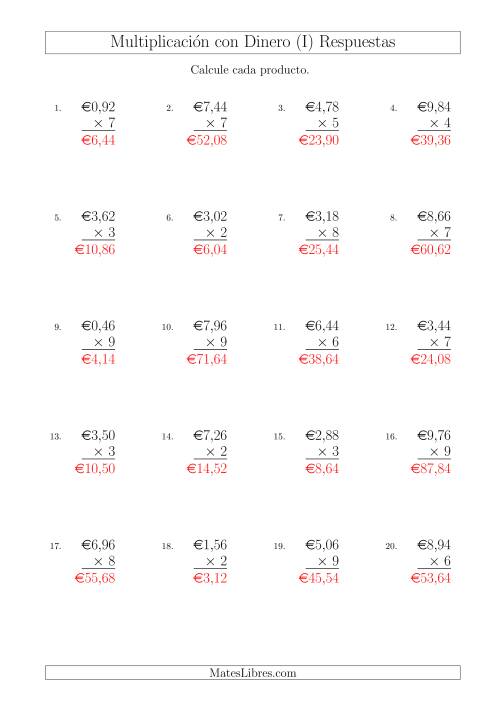 La hoja de ejercicios de Multiplicar Diferentes Cantidades de Euros en Incrementos de 2 Céntimos por Multiplicadores de Un Dígito (I) Página 2