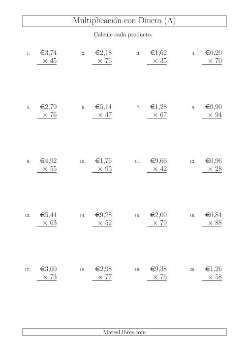 La hoja de ejercicios de Multiplicar Diferentes Cantidades de Euros en Incrementos de 2 Céntimos por Multiplicadores de Dos Dígitos (A)
