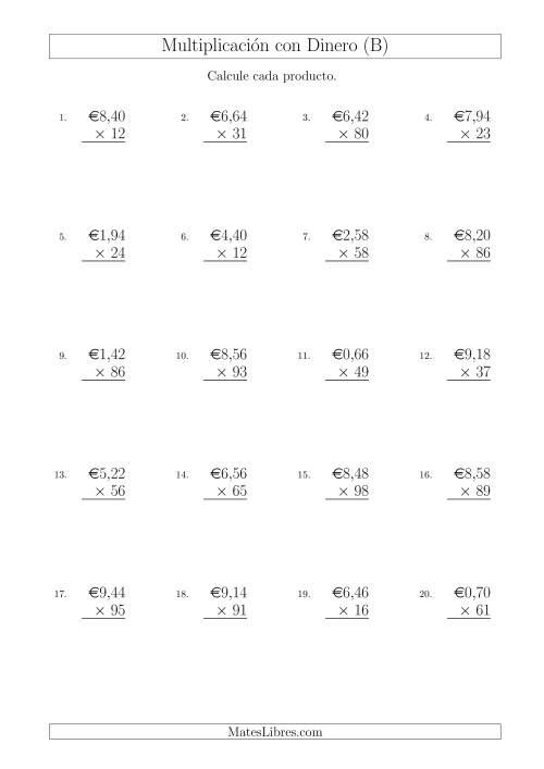 La hoja de ejercicios de Multiplicar Diferentes Cantidades de Euros en Incrementos de 2 Céntimos por Multiplicadores de Dos Dígitos (B)
