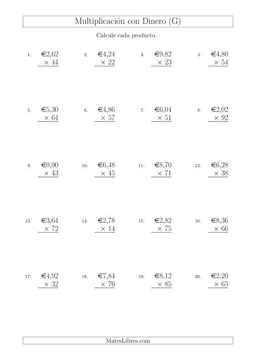 La hoja de ejercicios de Multiplicar Diferentes Cantidades de Euros en Incrementos de 2 Céntimos por Multiplicadores de Dos Dígitos (G)