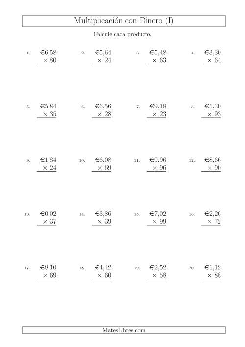 La hoja de ejercicios de Multiplicar Diferentes Cantidades de Euros en Incrementos de 2 Céntimos por Multiplicadores de Dos Dígitos (I)