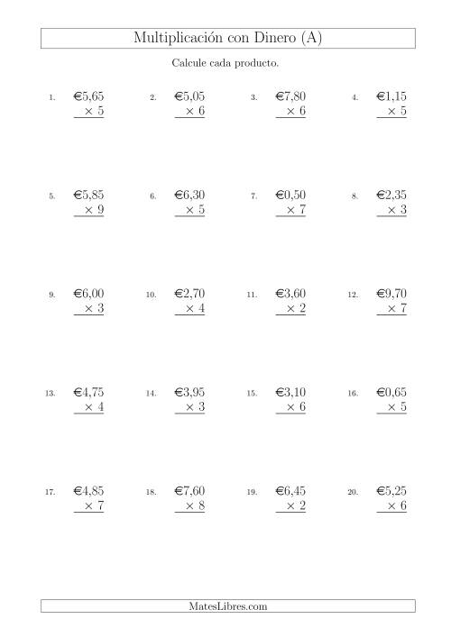 La hoja de ejercicios de Multiplicar Diferentes Cantidades de Euros en Incrementos de 5 Céntimos por Multiplicadores de Un Dígito (A)