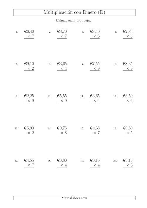 La hoja de ejercicios de Multiplicar Diferentes Cantidades de Euros en Incrementos de 5 Céntimos por Multiplicadores de Un Dígito (D)