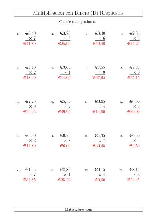 La hoja de ejercicios de Multiplicar Diferentes Cantidades de Euros en Incrementos de 5 Céntimos por Multiplicadores de Un Dígito (D) Página 2