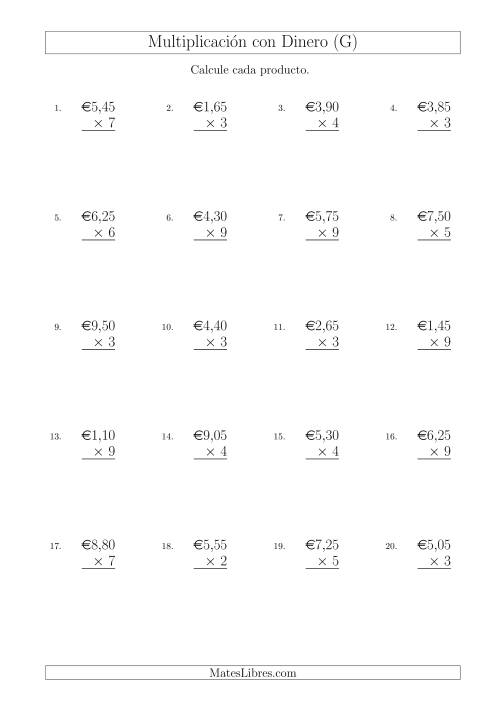La hoja de ejercicios de Multiplicar Diferentes Cantidades de Euros en Incrementos de 5 Céntimos por Multiplicadores de Un Dígito (G)