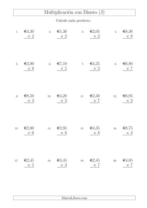 La hoja de ejercicios de Multiplicar Diferentes Cantidades de Euros en Incrementos de 5 Céntimos por Multiplicadores de Un Dígito (J)