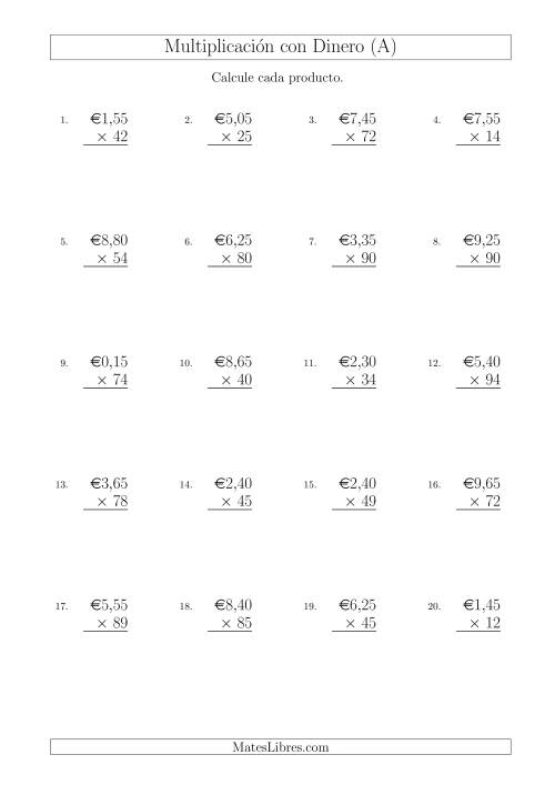 La hoja de ejercicios de Multiplicar Diferentes Cantidades de Euros en Incrementos de 5 Céntimos por Multiplicadores de Dos Dígitos (A)