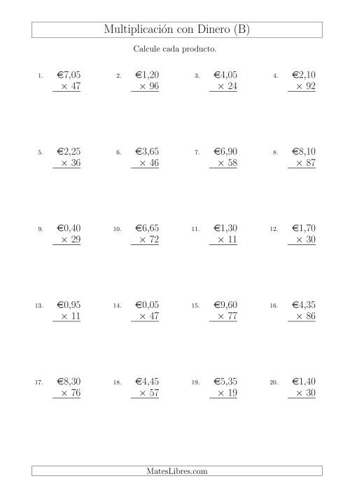 La hoja de ejercicios de Multiplicar Diferentes Cantidades de Euros en Incrementos de 5 Céntimos por Multiplicadores de Dos Dígitos (B)