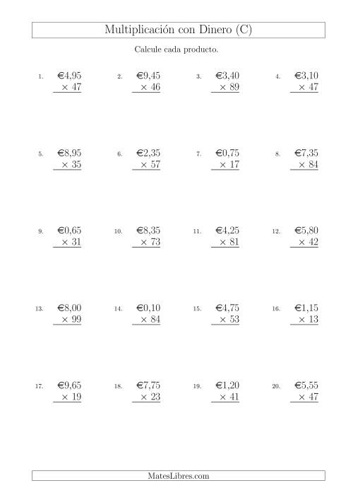 La hoja de ejercicios de Multiplicar Diferentes Cantidades de Euros en Incrementos de 5 Céntimos por Multiplicadores de Dos Dígitos (C)