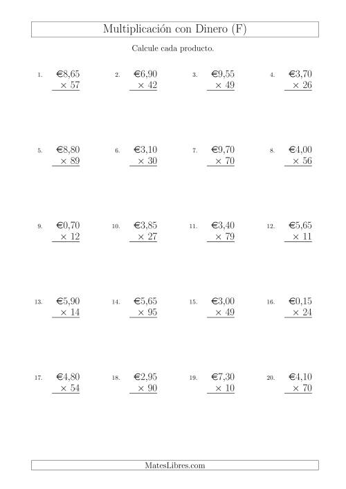 La hoja de ejercicios de Multiplicar Diferentes Cantidades de Euros en Incrementos de 5 Céntimos por Multiplicadores de Dos Dígitos (F)