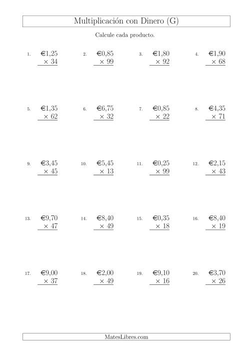 La hoja de ejercicios de Multiplicar Diferentes Cantidades de Euros en Incrementos de 5 Céntimos por Multiplicadores de Dos Dígitos (G)