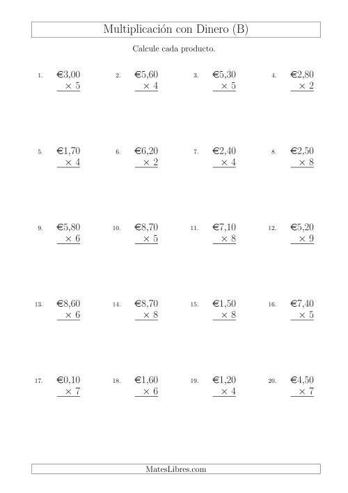 La hoja de ejercicios de Multiplicar Diferentes Cantidades de Euros en Incrementos de 10 Céntimos por Multiplicadores de Un Dígito (B)