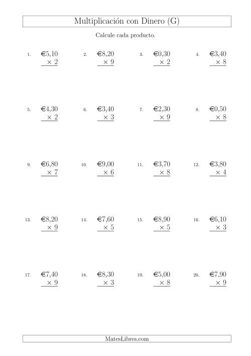 La hoja de ejercicios de Multiplicar Diferentes Cantidades de Euros en Incrementos de 10 Céntimos por Multiplicadores de Un Dígito (G)