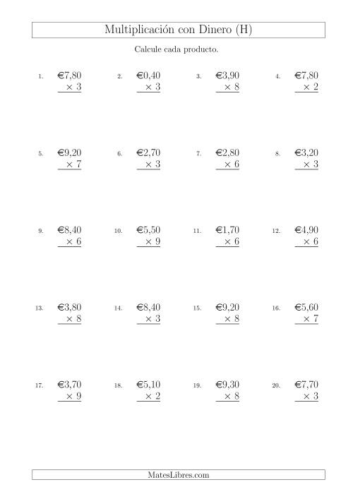 La hoja de ejercicios de Multiplicar Diferentes Cantidades de Euros en Incrementos de 10 Céntimos por Multiplicadores de Un Dígito (H)