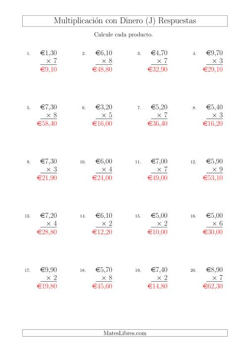 La hoja de ejercicios de Multiplicar Diferentes Cantidades de Euros en Incrementos de 10 Céntimos por Multiplicadores de Un Dígito (J) Página 2