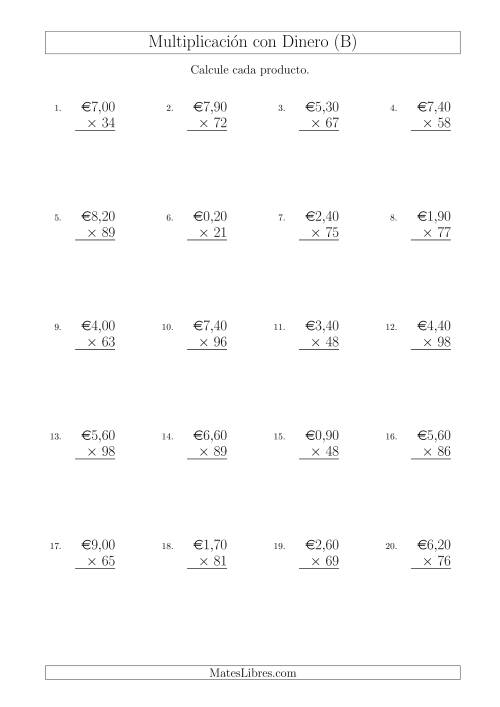La hoja de ejercicios de Multiplicar Diferentes Cantidades de Euros en Incrementos de 10 Céntimos por Multiplicadores de Dos Dígitos (B)