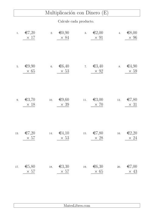 La hoja de ejercicios de Multiplicar Diferentes Cantidades de Euros en Incrementos de 10 Céntimos por Multiplicadores de Dos Dígitos (E)
