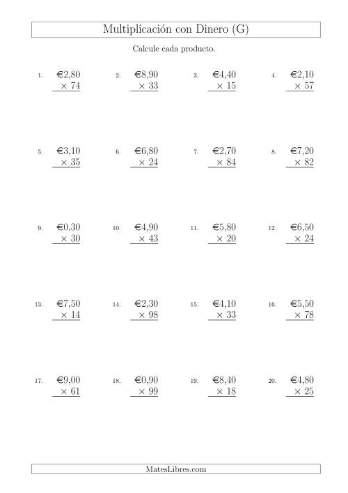 La hoja de ejercicios de Multiplicar Diferentes Cantidades de Euros en Incrementos de 10 Céntimos por Multiplicadores de Dos Dígitos (G)