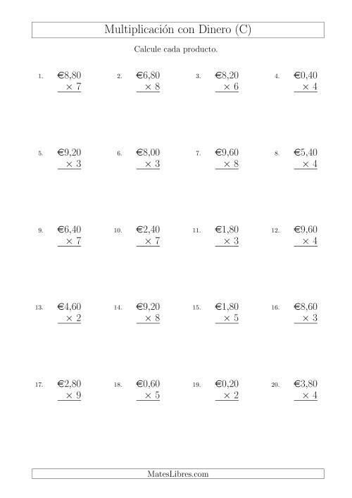 La hoja de ejercicios de Multiplicar Diferentes Cantidades de Euros en Incrementos de 20 Céntimos por Multiplicadores de Un Dígito (C)