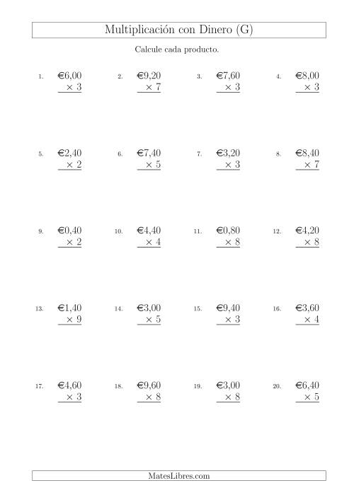 La hoja de ejercicios de Multiplicar Diferentes Cantidades de Euros en Incrementos de 20 Céntimos por Multiplicadores de Un Dígito (G)