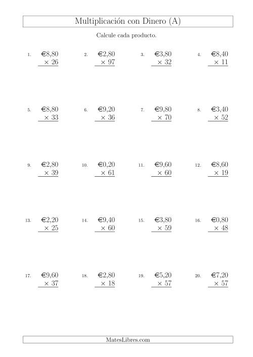 La hoja de ejercicios de Multiplicar Diferentes Cantidades de Euros en Incrementos de 20 Céntimos por Multiplicadores de Dos Dígitos (A)