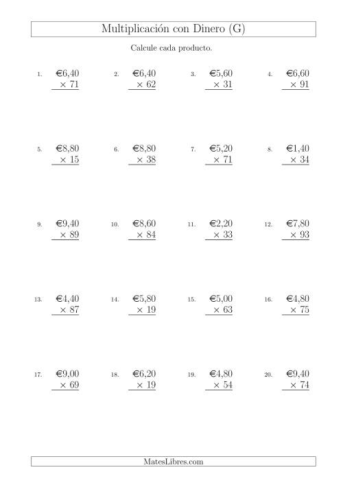 La hoja de ejercicios de Multiplicar Diferentes Cantidades de Euros en Incrementos de 20 Céntimos por Multiplicadores de Dos Dígitos (G)