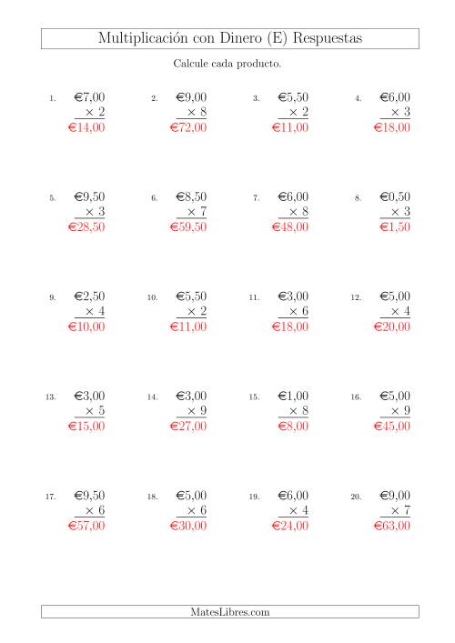La hoja de ejercicios de Multiplicar Diferentes Cantidades de Euros en Incrementos de 50 Céntimos por Multiplicadores de Un Dígito (E) Página 2