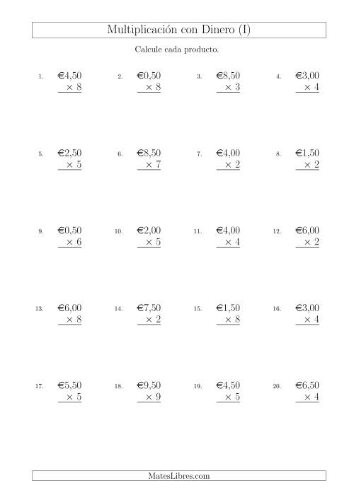 La hoja de ejercicios de Multiplicar Diferentes Cantidades de Euros en Incrementos de 50 Céntimos por Multiplicadores de Un Dígito (I)