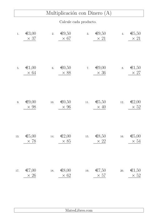 La hoja de ejercicios de Multiplicar Diferentes Cantidades de Euros en Incrementos de 50 Céntimos por Multiplicadores de Dos Dígitos (A)