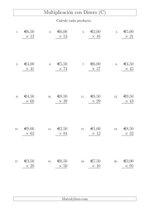 La hoja de ejercicios de Multiplicar Diferentes Cantidades de Euros en Incrementos de 50 Céntimos por Multiplicadores de Dos Dígitos (C)