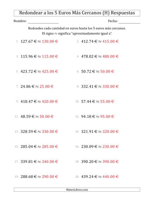 La hoja de ejercicios de Redondear a la cantidad múltiplo de 5 euros más cercana (H) Página 2