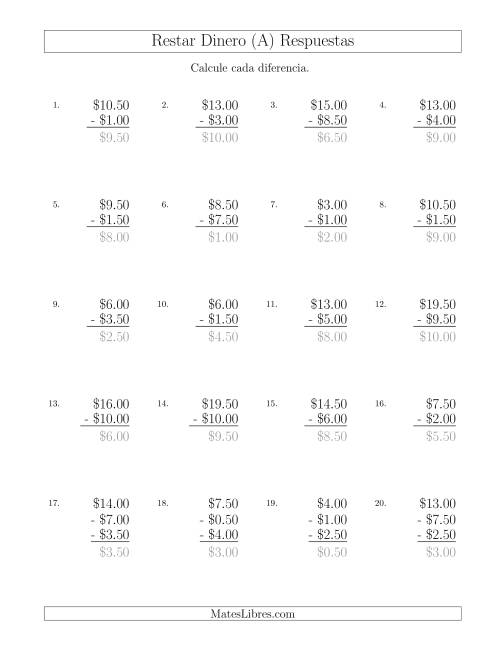 La hoja de ejercicios de Restar Dólares con Cantidades hasta $10 con Incrementos de 50 Centavos (Todas) Página 2